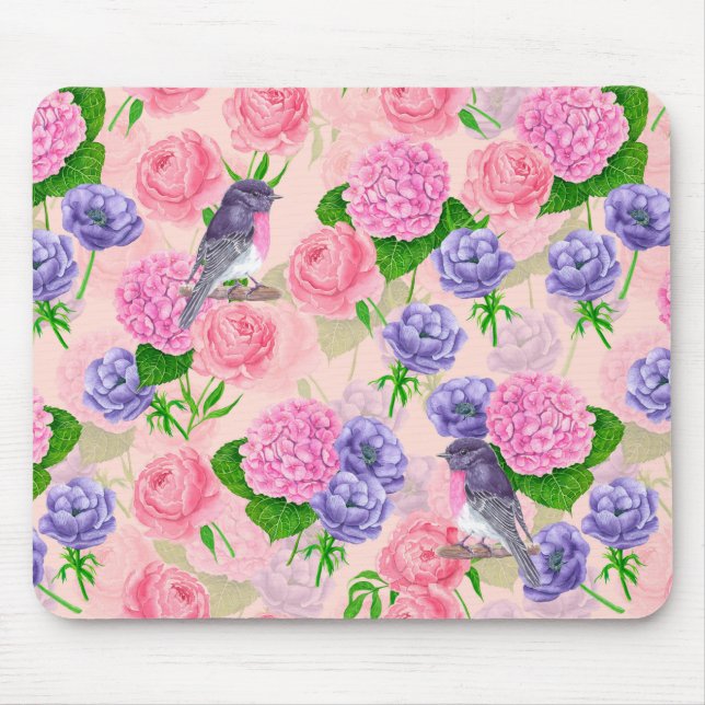 Robin and flowers, watercolor pattern mouse pad (Front)