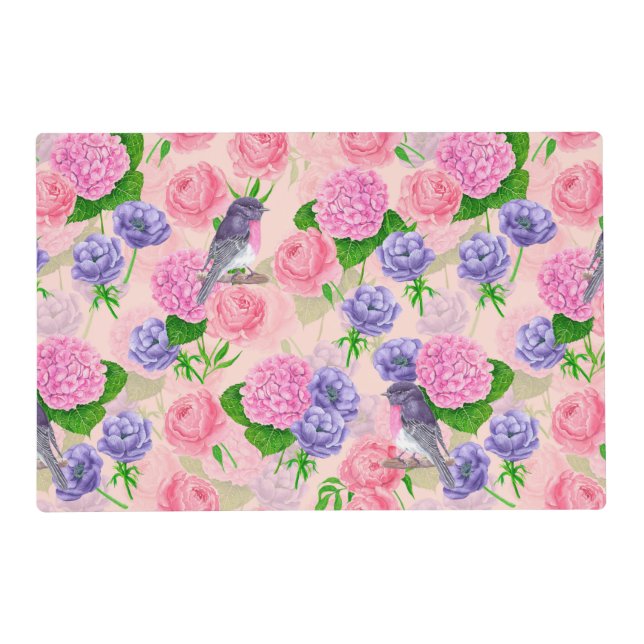 Robin and flowers, watercolor pattern placemat (Front)