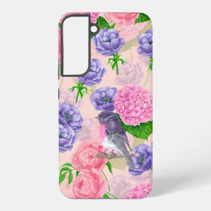 Robin and flowers, watercolor pattern samsung galaxy s22+ case