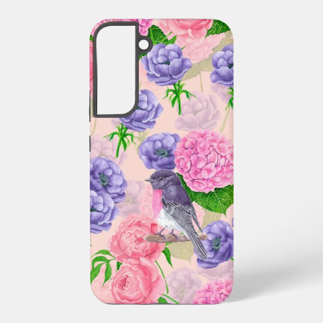 Robin and flowers, watercolor pattern samsung galaxy case (Back)
