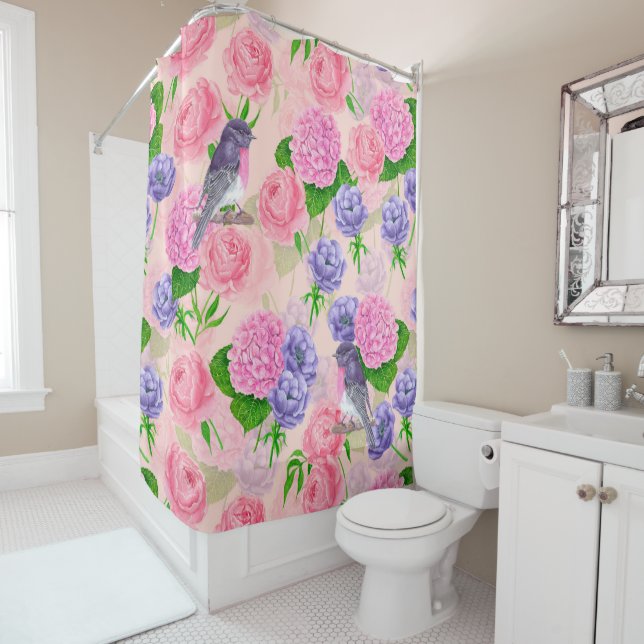 Robin and flowers, watercolor pattern shower curtain (In Situ)