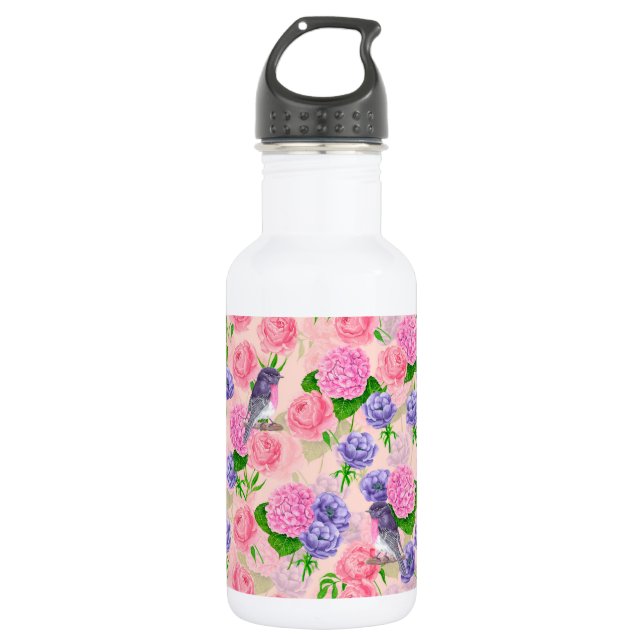 Robin and flowers, watercolor pattern stainless steel water bottle (Front)