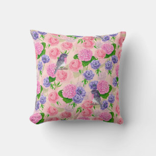 Robin and flowers, watercolor pattern throw pillow