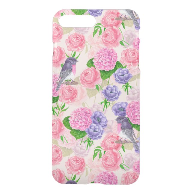 Robin and flowers, watercolor pattern uncommon iPhone case (Back)