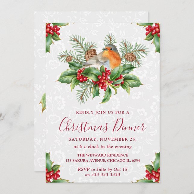Robin and Holly Berry Christmas Dinner Invitation (Front/Back)