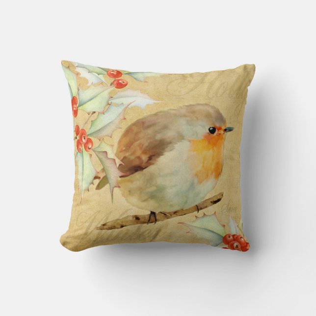 Robin and Holly Throw Pillow (Front)