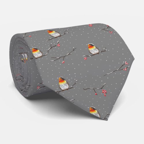 robin and snow pattern neck tie