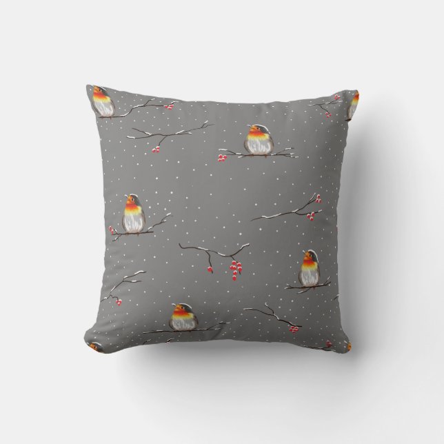 robin and snow pattern throw pillow (Front)