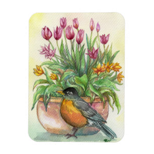 Robin and Tulips Magnet