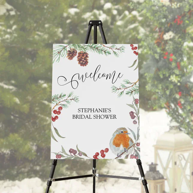 Robin and Winter Pine Cones Editable Welcome Foam Board | Zazzle