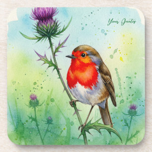 Robin Bird and Thistle Flower Botanical Watercolor Beverage Coaster
