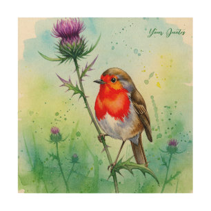 Robin Bird and Thistle Flower Botanical Watercolor Wood Wall Art