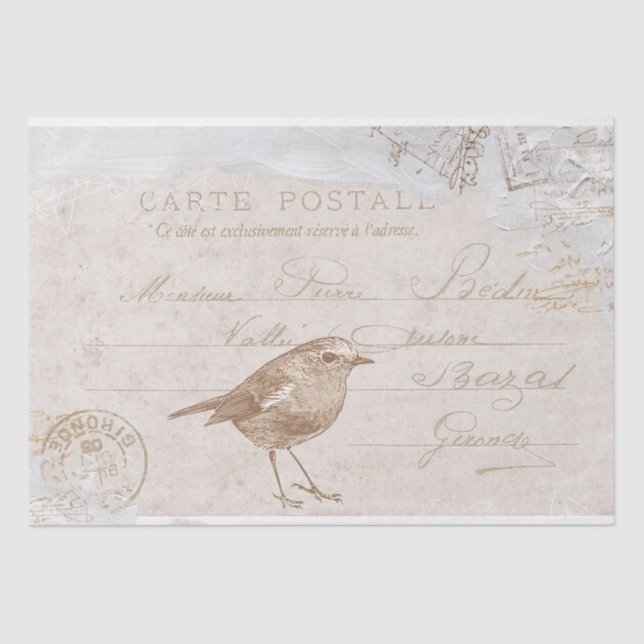 Robin Bird Carte Postale French Decoupage Blue  Tissue Paper (Front)