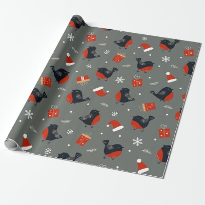 Robin Bird Christmas Pattern with Gifts and Santa  Wrapping Paper