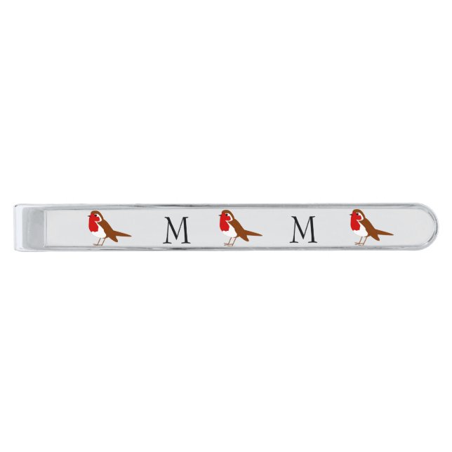 Robin Bird Design Monogrammed Silver Finish Tie Bar (Front)
