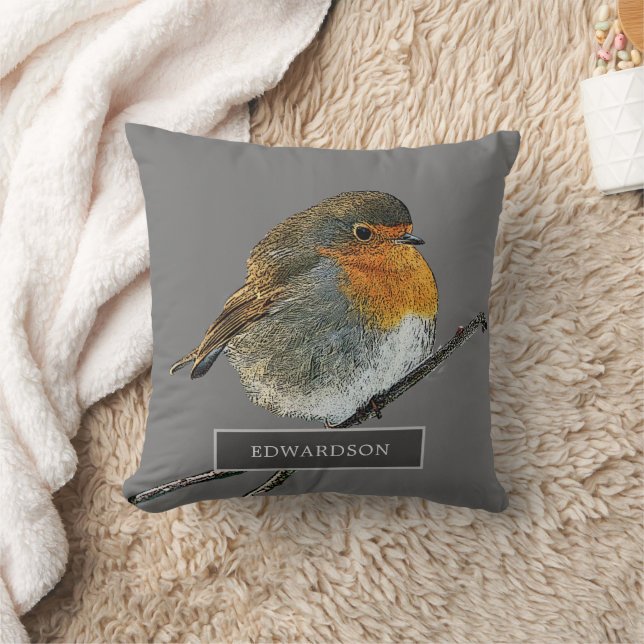 Robin bird family monogram name gray throw pillow (Blanket)