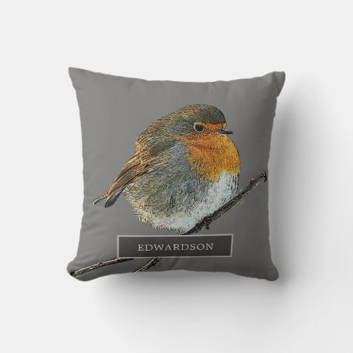 Robin bird family monogram name gray throw pillow