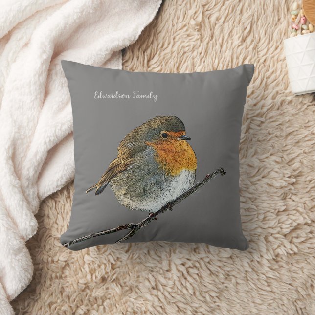 Robin bird family monogram name gray throw pillow (Blanket)