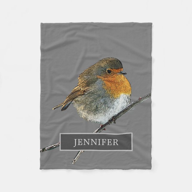 Robin bird family monogrammed gray fleece blanket (Front)