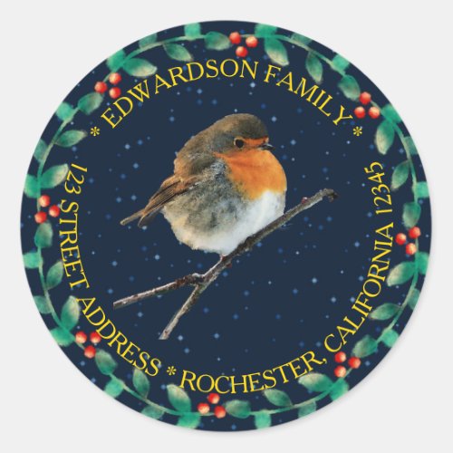 Robin bird family name christmas return address classic round sticker