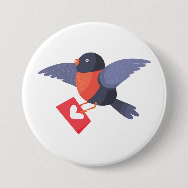 Robin Bird Flying with Red Heart Love Letter Button (Front)