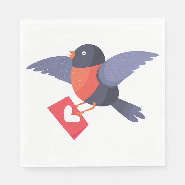 Robin Bird Flying with Red Heart Love Letter Napkins (Front)