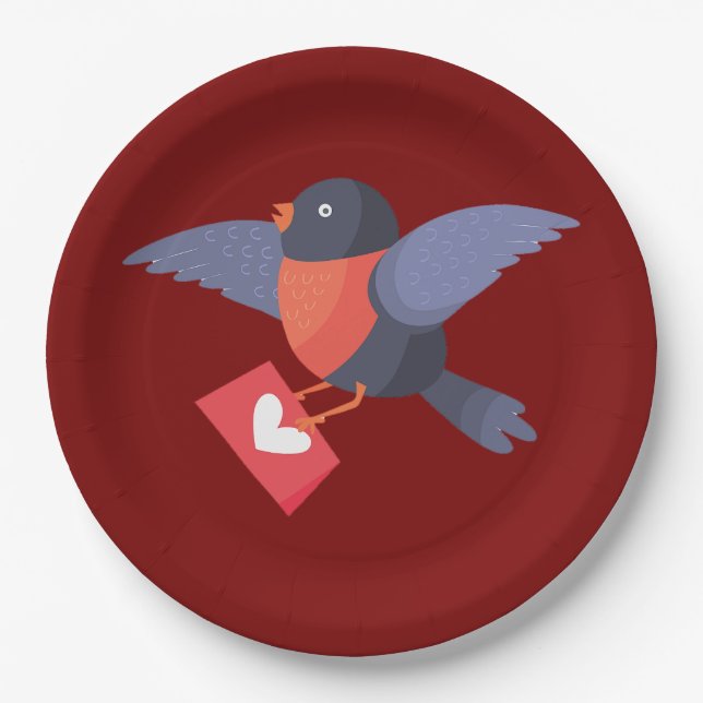 Robin Bird Flying with Red Heart Love Letter Paper Plates (Front)