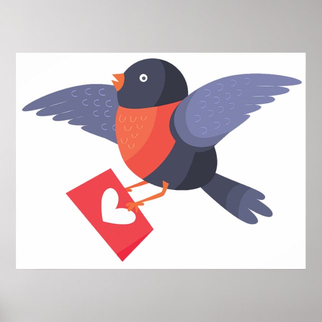 Robin Bird Flying with Red Heart Love Letter Poster (Front)