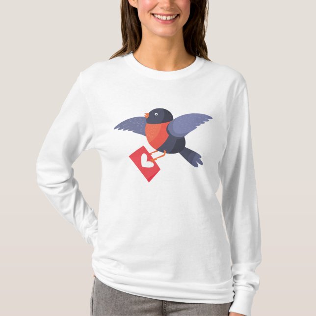 Robin Bird Flying with Red Heart Love Letter T-Shirt (Front)