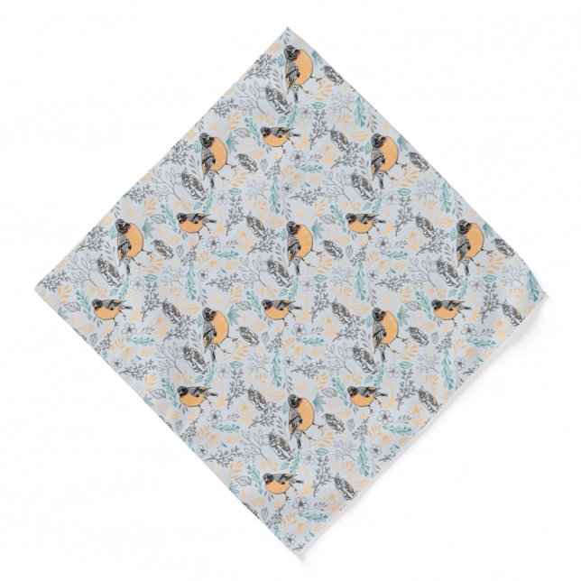 Robin Bird Mama and Baby Summer Brood With Flowers Bandana (Front)