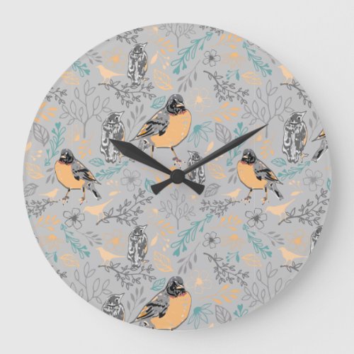 Robin Bird Mama and Baby Summer Brood With Flowers Large Clock