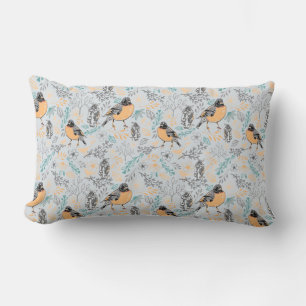 Robin Bird Mama and Baby Summer Brood With Flowers Lumbar Pillow