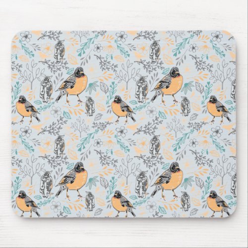 Robin Bird Mama and Baby Summer Brood With Flowers Mouse Pad