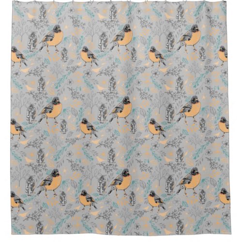 Robin Bird Mama and Baby Summer Brood With Flowers Shower Curtain