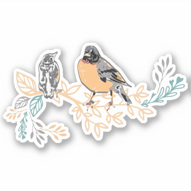 Robin Bird Mama and Baby Summer Brood With Flowers Sticker (Front)