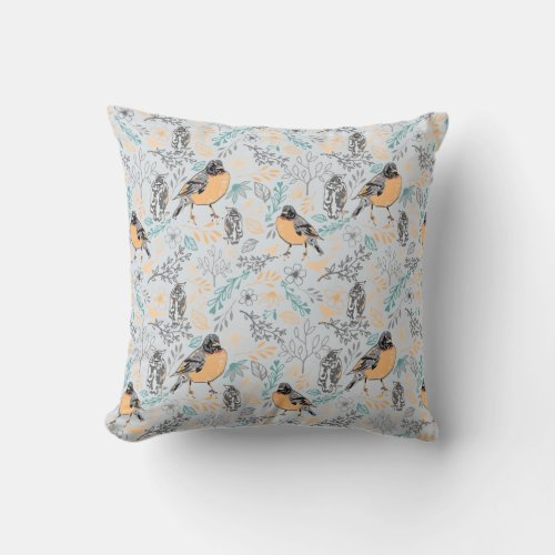 Robin Bird Mama and Baby Summer Brood With Flowers Throw Pillow