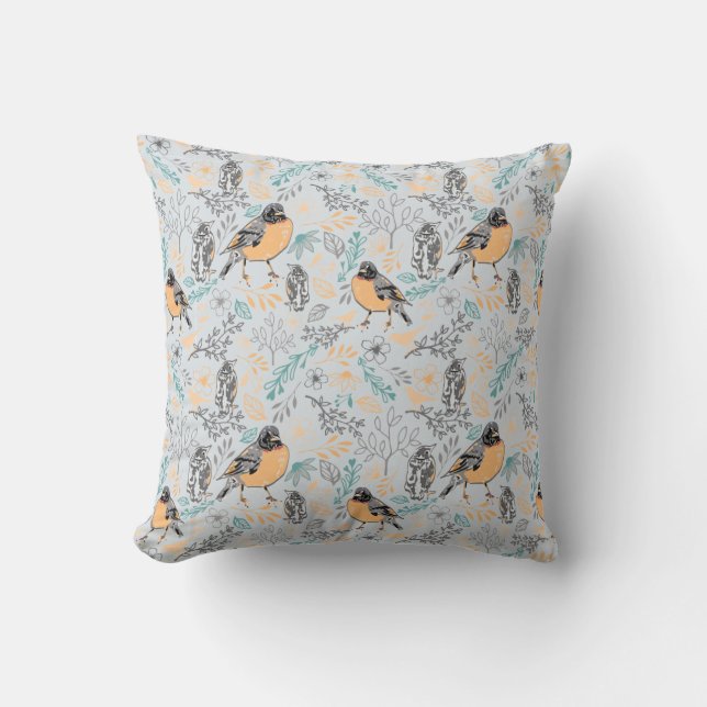 Robin Bird Mama and Baby Summer Brood With Flowers Throw Pillow (Front)