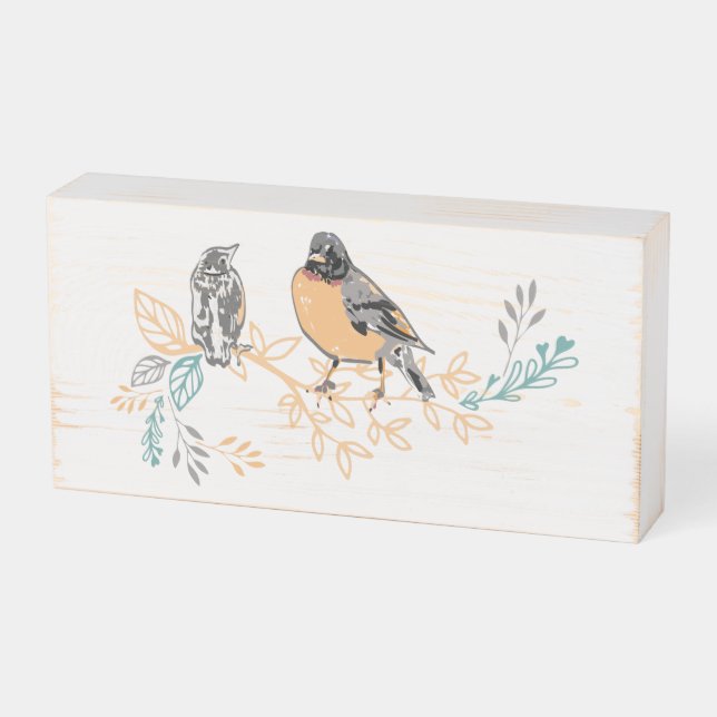 Robin Bird Mama and Baby Summer Brood With Flowers Wooden Box Sign (Angled Horizontal)