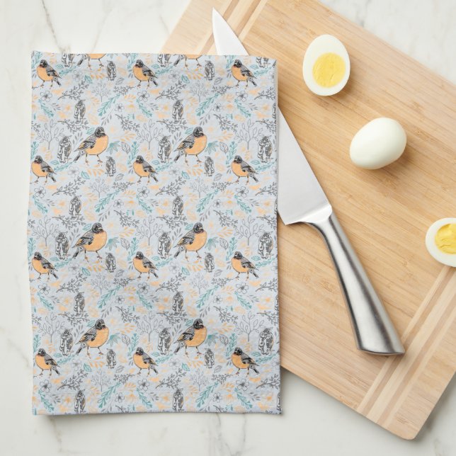 Robin Bird Mama Baby Summer Flowers Kitchen Towel (Quarter Fold)