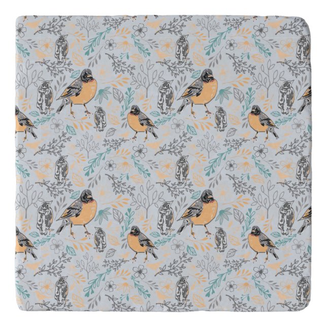 Robin Bird Mama Baby Summer Flowers Trivet (Front)