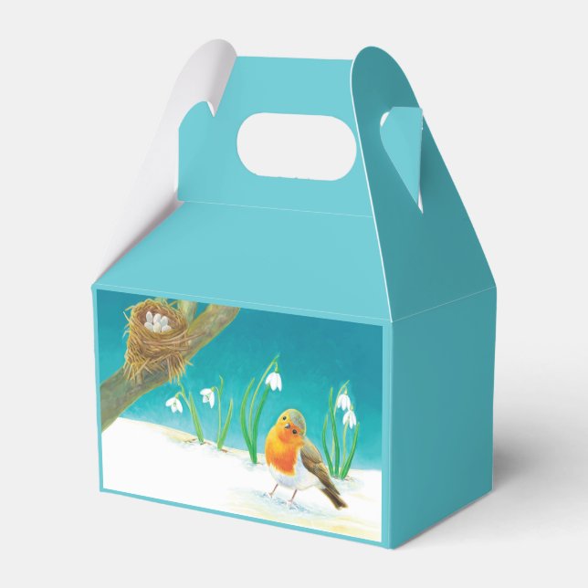Robin Bird, Nest, Little Eggs & Snowdrops  Favor Boxes (Front Side)