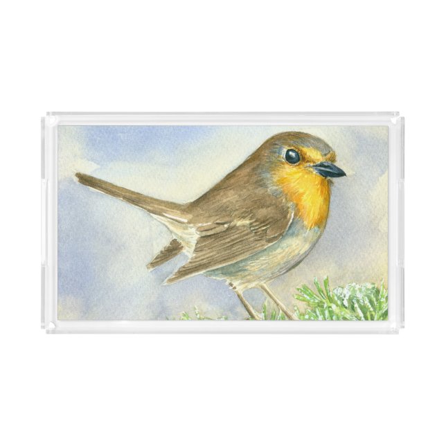 Robin bird on a frosted juniper branch acrylic tray (Front)