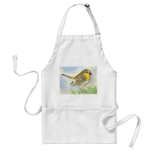 Robin bird on a frosted juniper branch adult apron (Front)