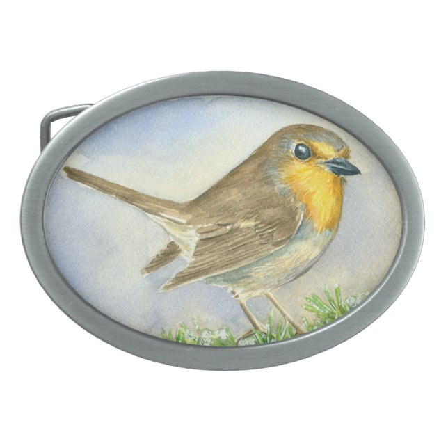 Robin bird on a frosted juniper branch belt buckle (Front)