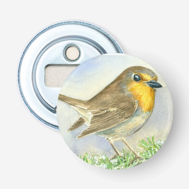 Robin bird on a frosted juniper branch bottle opener (Front)