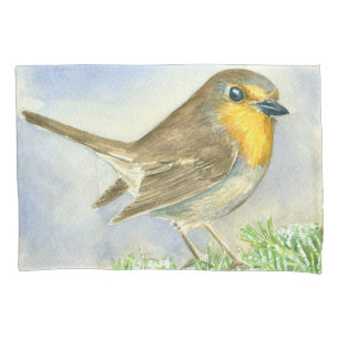 Robin bird on a frosted juniper branch pillow case