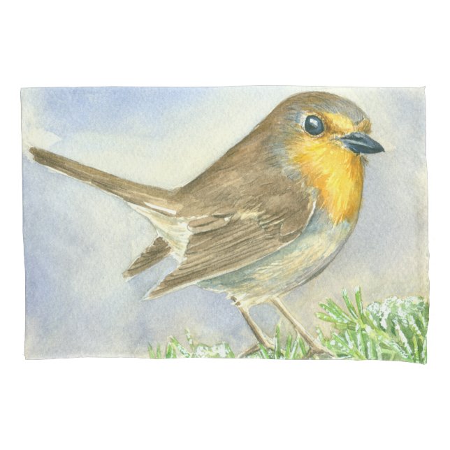 Robin bird on a frosted juniper branch pillow case (Front)