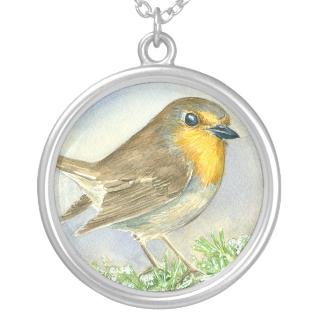 Robin bird on a frosted juniper branch silver plated necklace (Front)