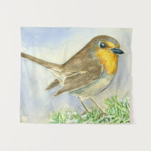 Robin bird on a frosted juniper branch tapestry