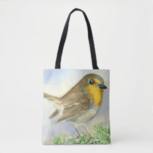 Robin bird on a frosted juniper branch tote bag